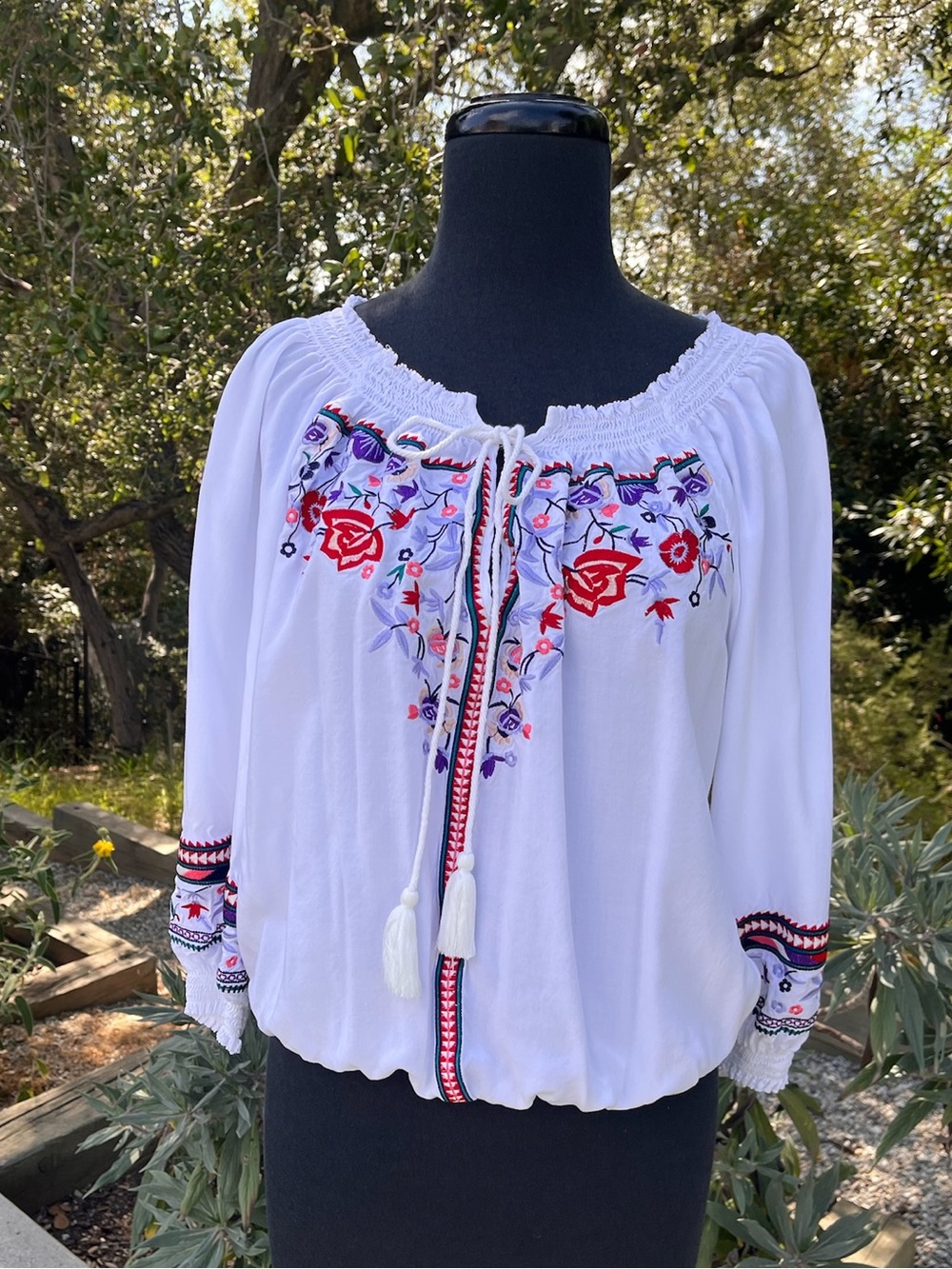Parker “Kelly" off-the-shoulder embroidered top with smocking - size XS